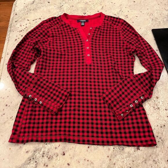 Chaps Red & Black Tony Buffalo Check Button Sleeve Henley Top MP EUC - Picture 1 of 8